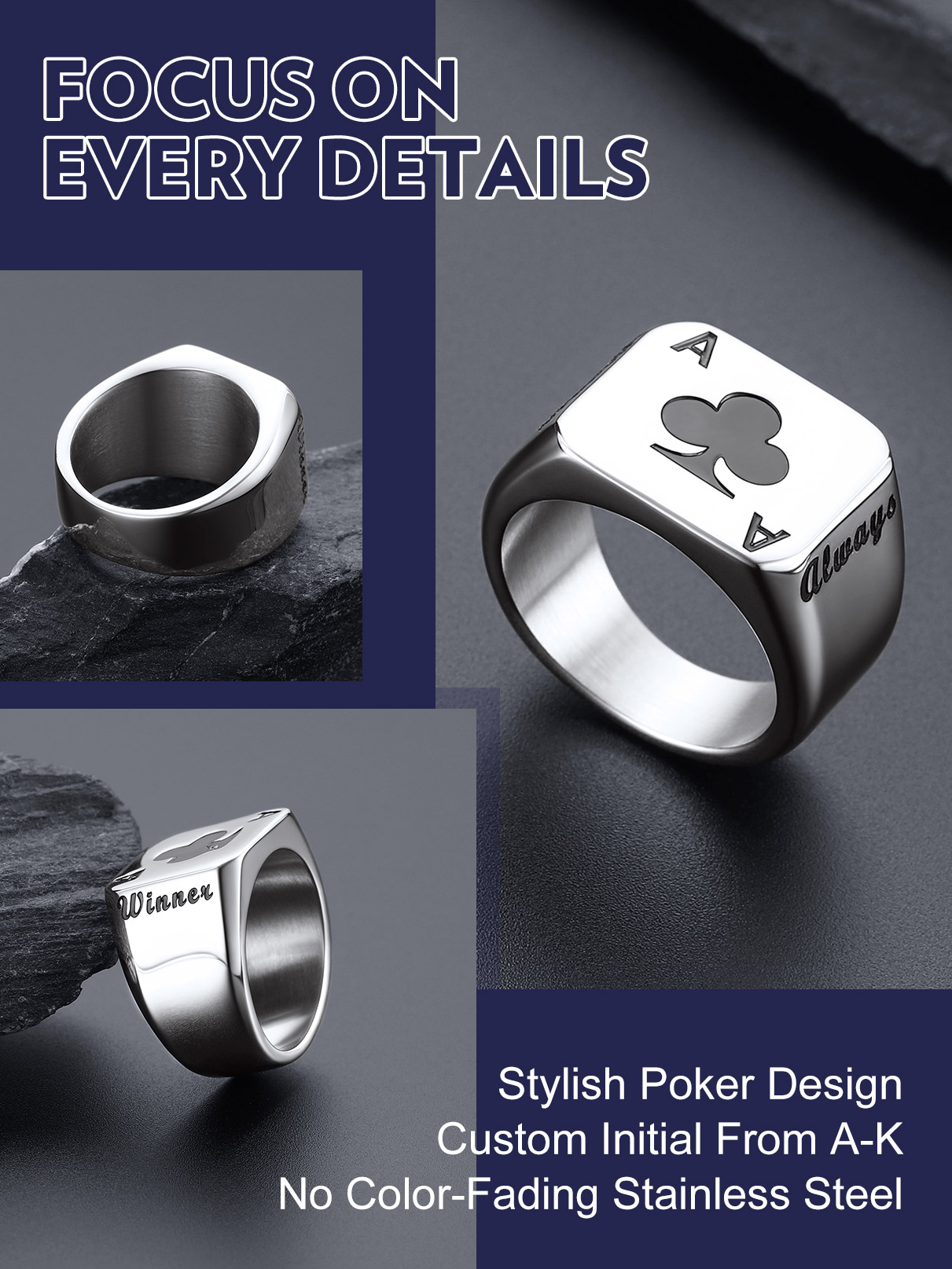U7 Cincin Kartu Poker Baja Tah - Statement Cocktail Ring ulasan dan harga
